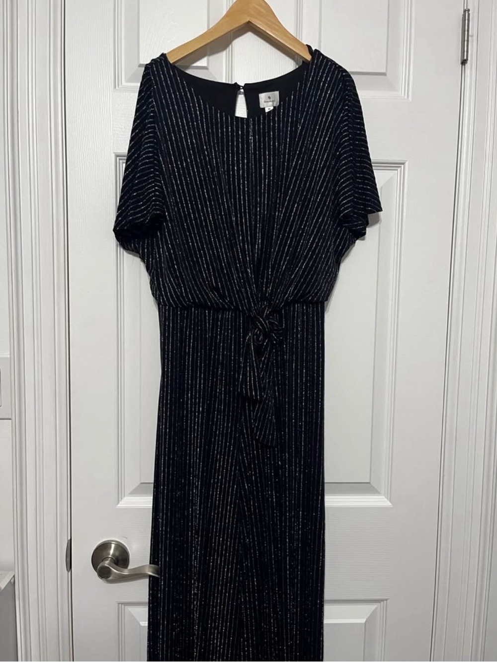 dressbarn Black Metallic-Striped Tie-Waist Maxi Jumpsuit